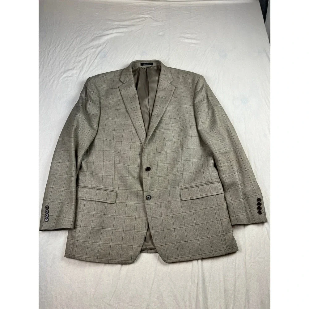 Lauren Ralph Lauren Mens 46L Silk Wool‎ Windowpane Blazer Sport Coat Beige Brown